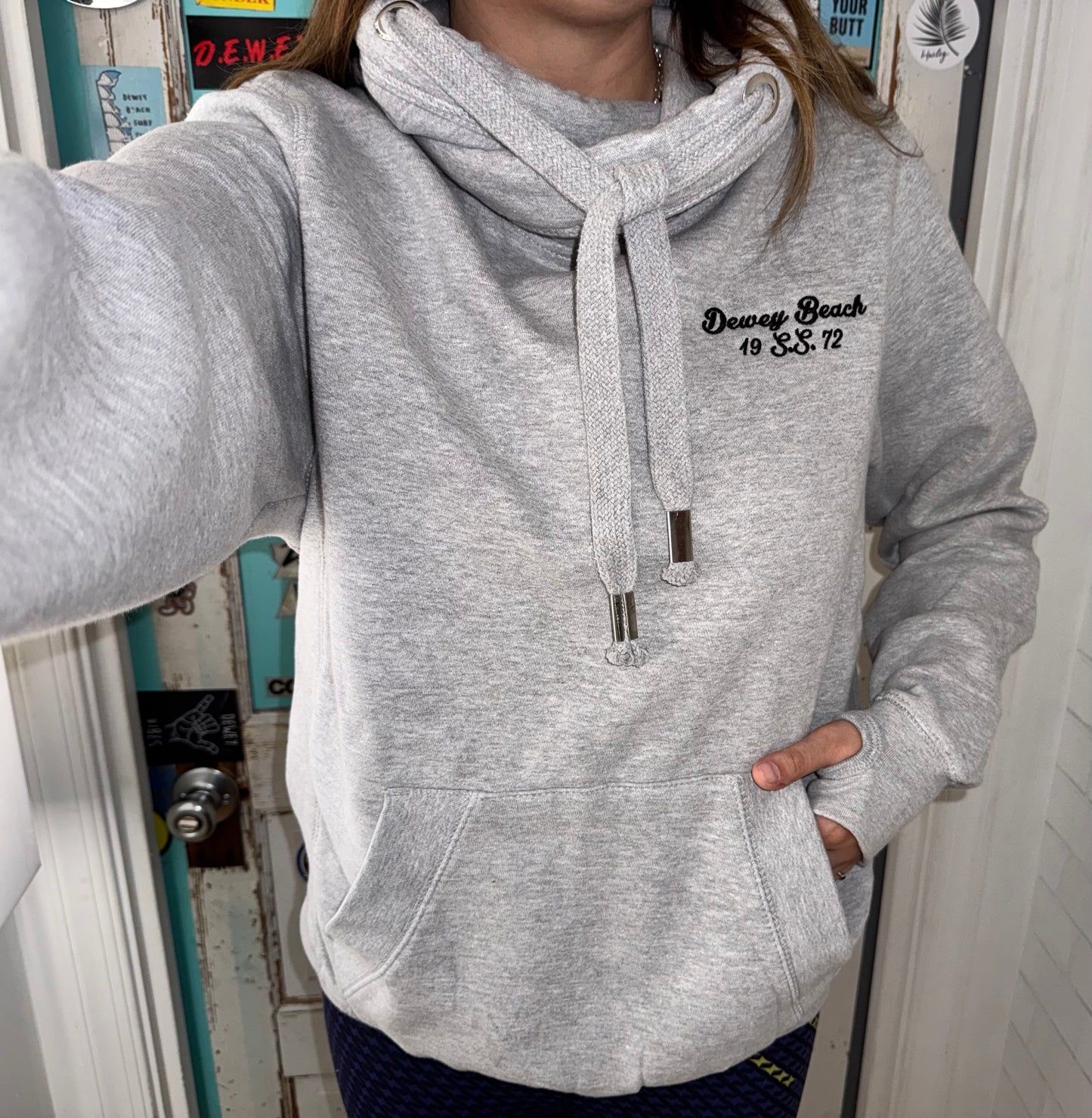 Dewey Beach S.S. Wide Neck Hoodie- Light Grey