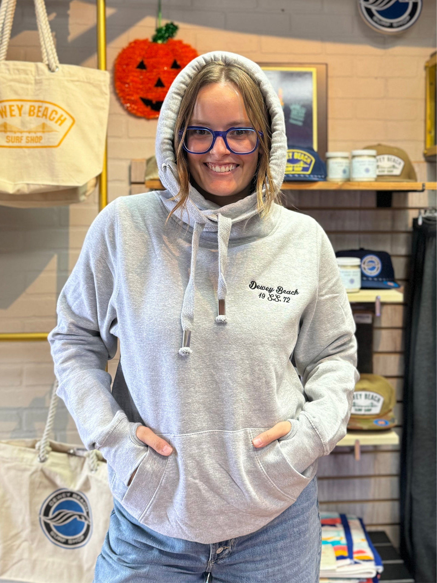 Dewey Beach S.S. Wide Neck Hoodie- Light Grey