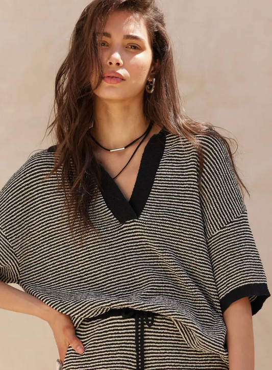 Striped Collared Split Neck Top